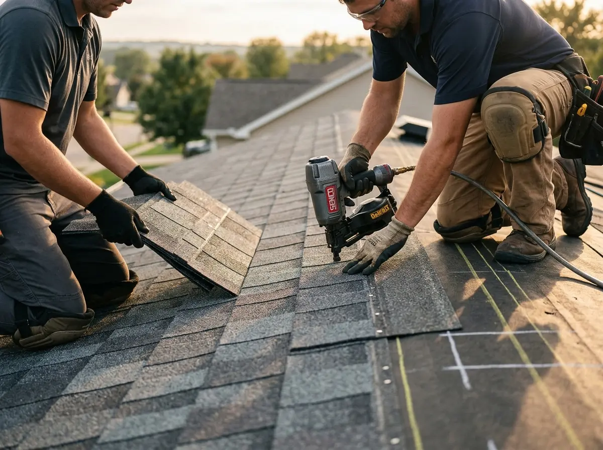 Professional roofer working on a residential roof in Norristown